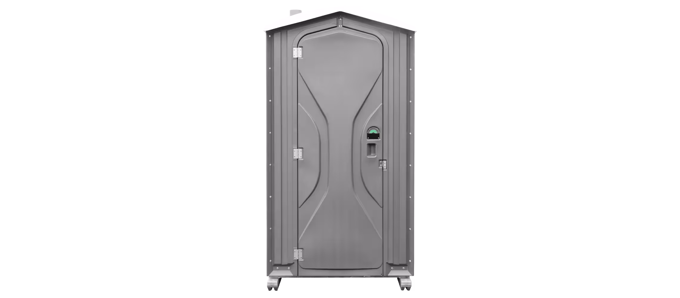 Portable dark gray restroom with a single door and a handle, featuring a ventilation panel on top.
