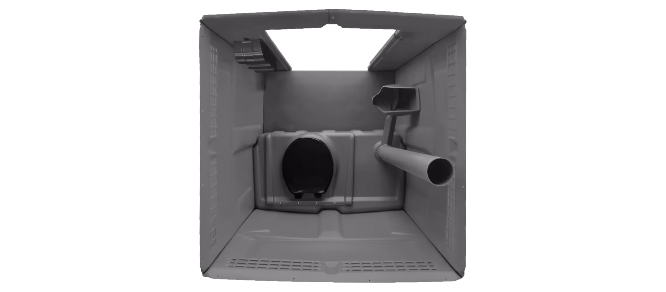 Interior view of a dark gray Tufway storage container with a round opening and pipe attachment.