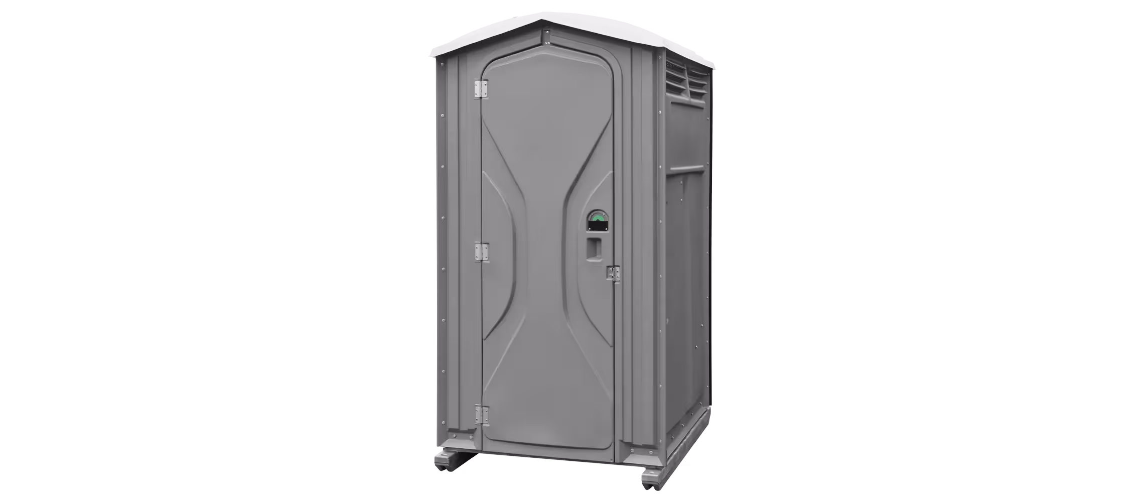 Portable toilet with a dark gray exterior and a sloped roof, featuring a door and ventilation.