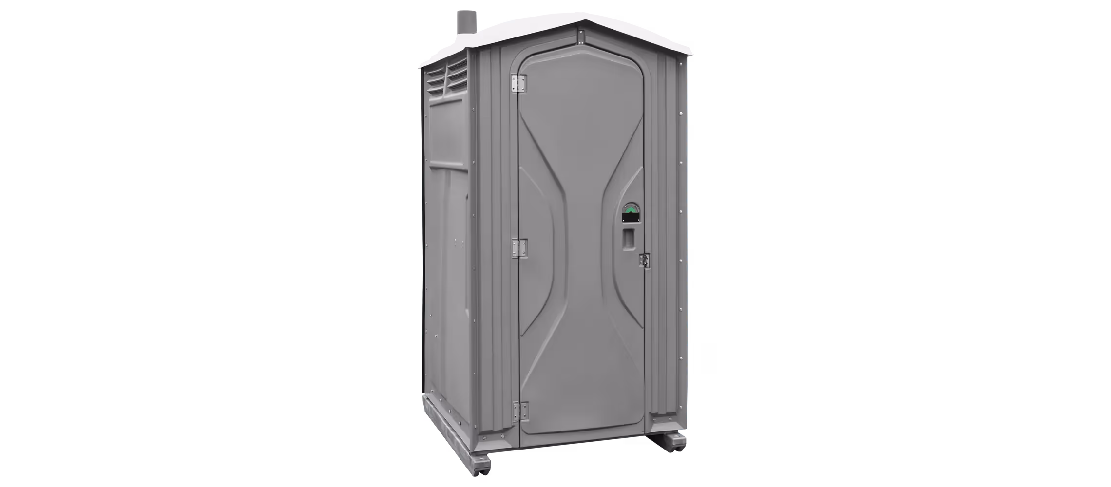 Portable dark gray bathroom stall with a secure door and ventilation at the top.