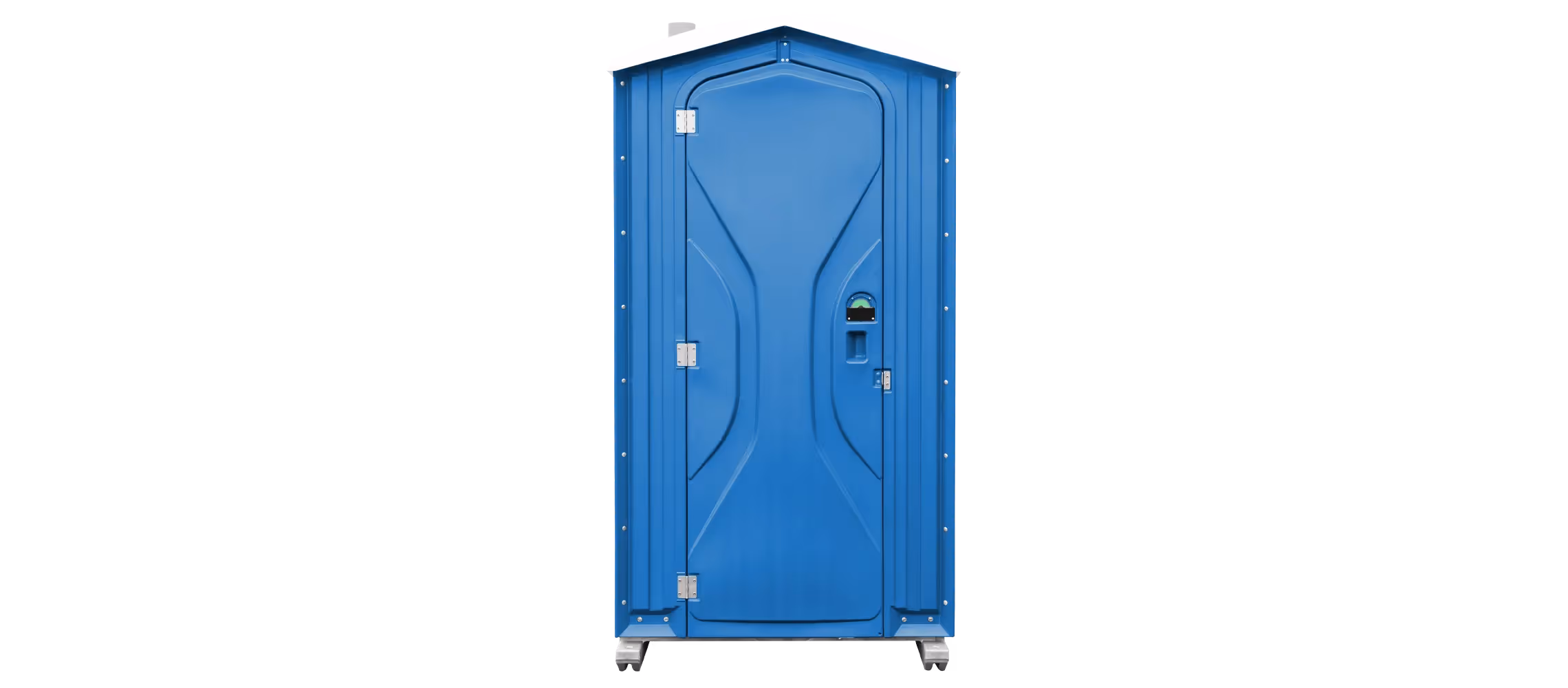 Royal blue portable restroom with a curved roof and a locking door on a black background.