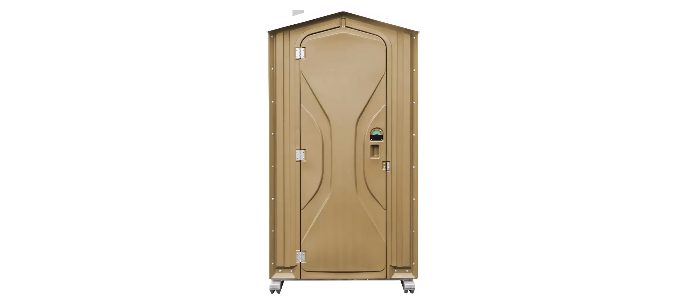 A tan portable toilet with a sloped roof and side latch, placed against a black background.