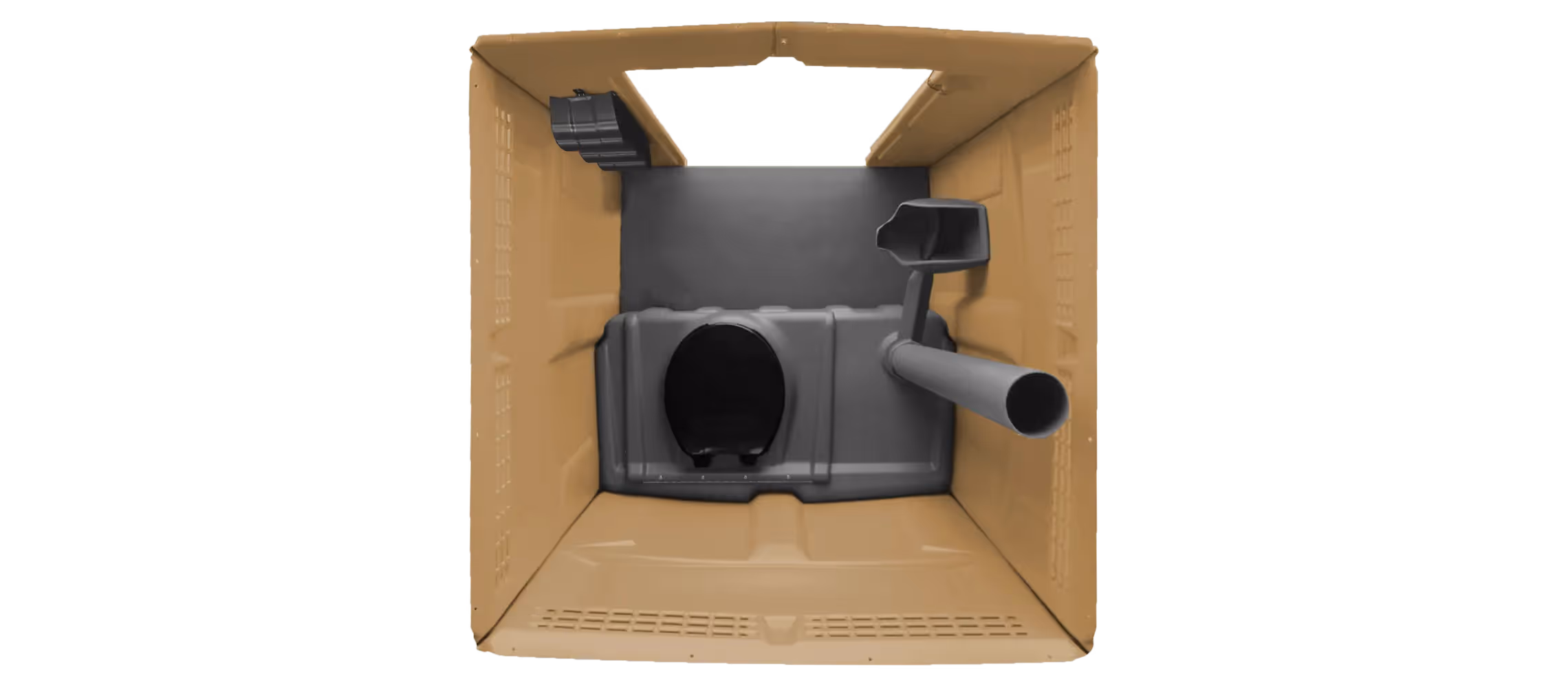 Interior view of a cardboard box with various compartments and a large circular cutout.