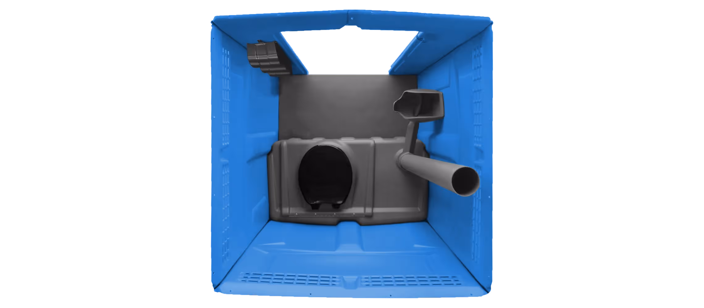 Porta potty interior showing the toilet seat and waste tank in a blue enclosure.