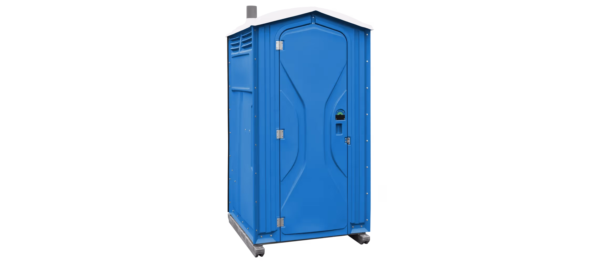 Blue portable restroom with a peaked roof and a side vent, designed for outdoor use.