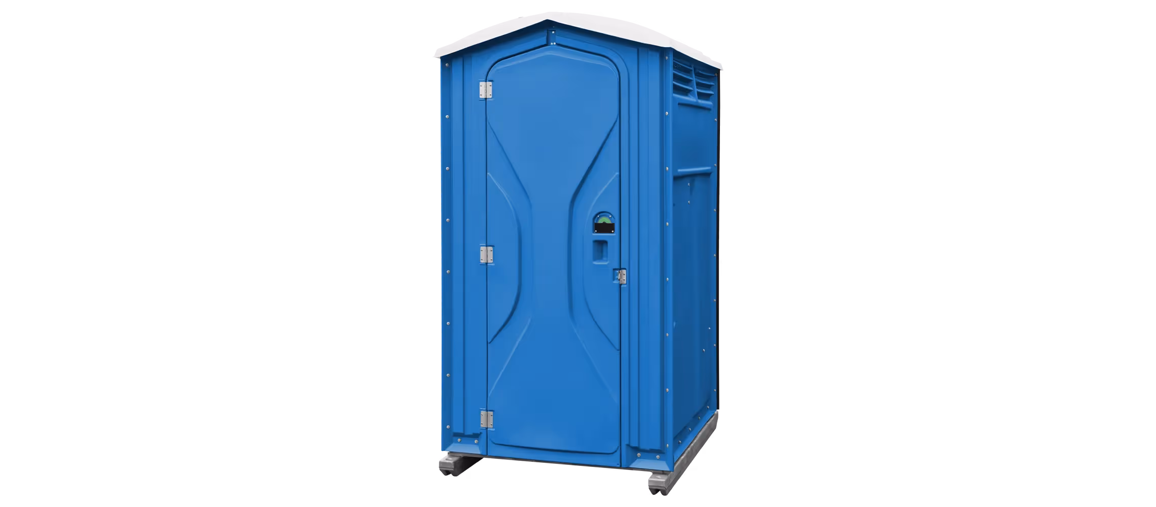 A blue portable toilet with a sloped roof and ventilation panel.