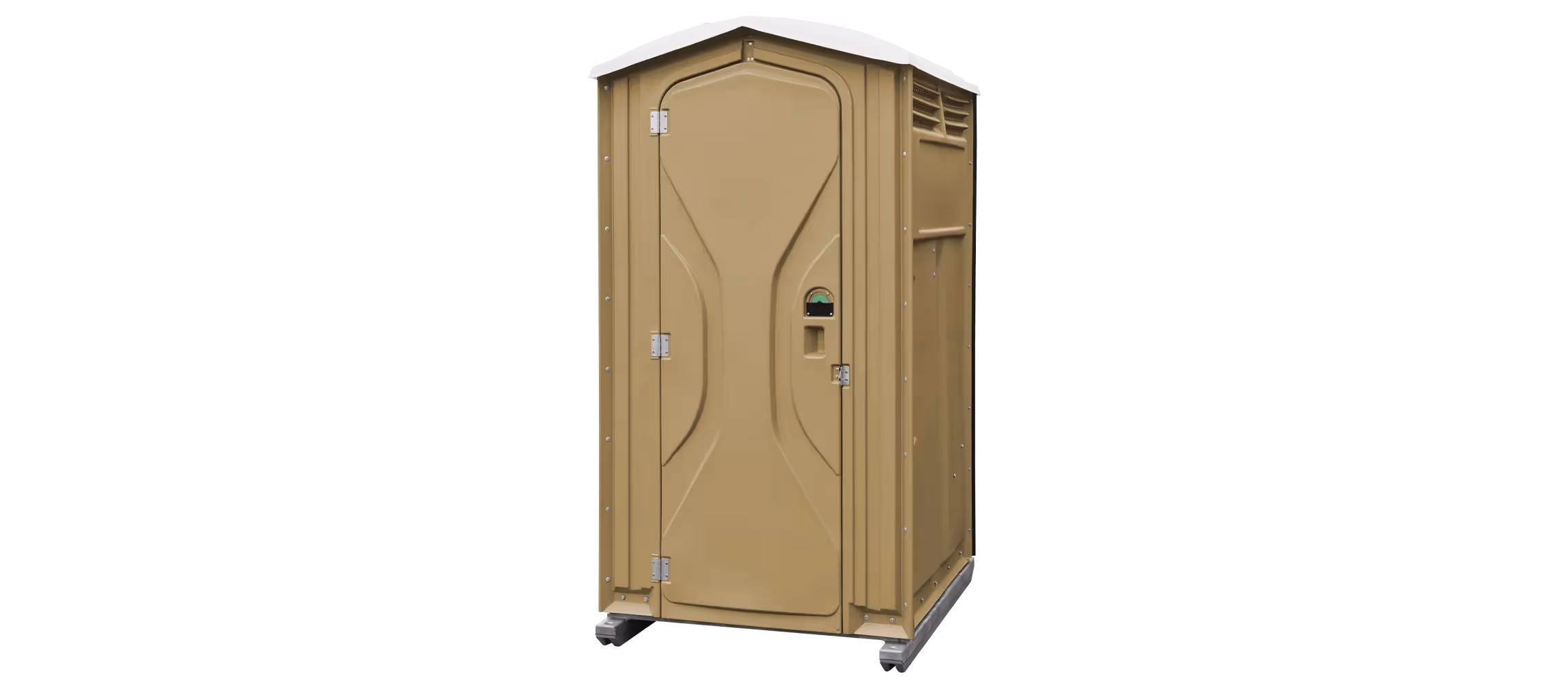 Portable toilet in sand color, featuring a slanted roof and a locking door.