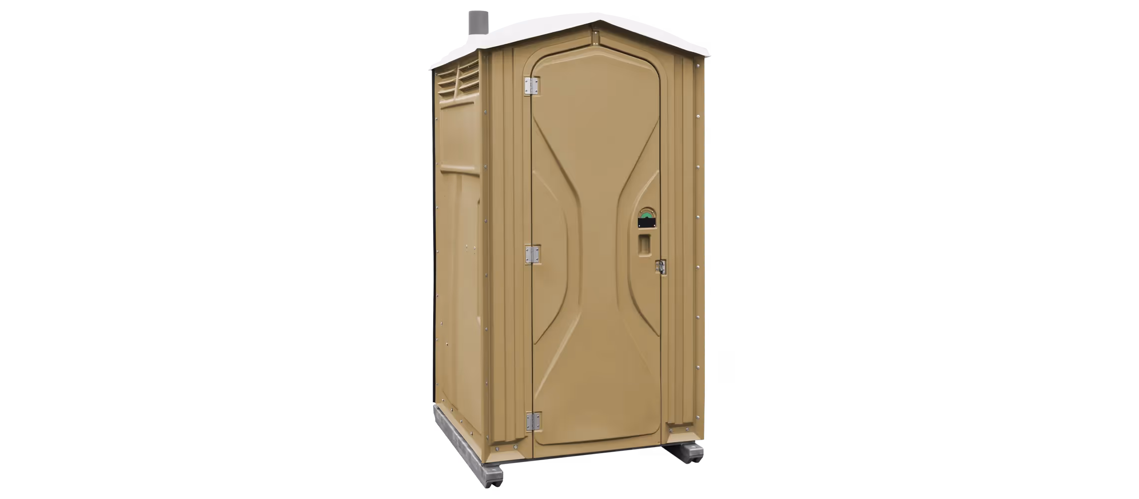 Portable toilet with a tan exterior and a peaked roof, set against a black background.