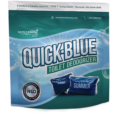 Quick Blue toilet deodorizer summer scent with blue packaging bags and NSD seal on light blue background.