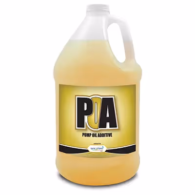 A gallon jug of Pump Oil Additive with a yellow label and black text.