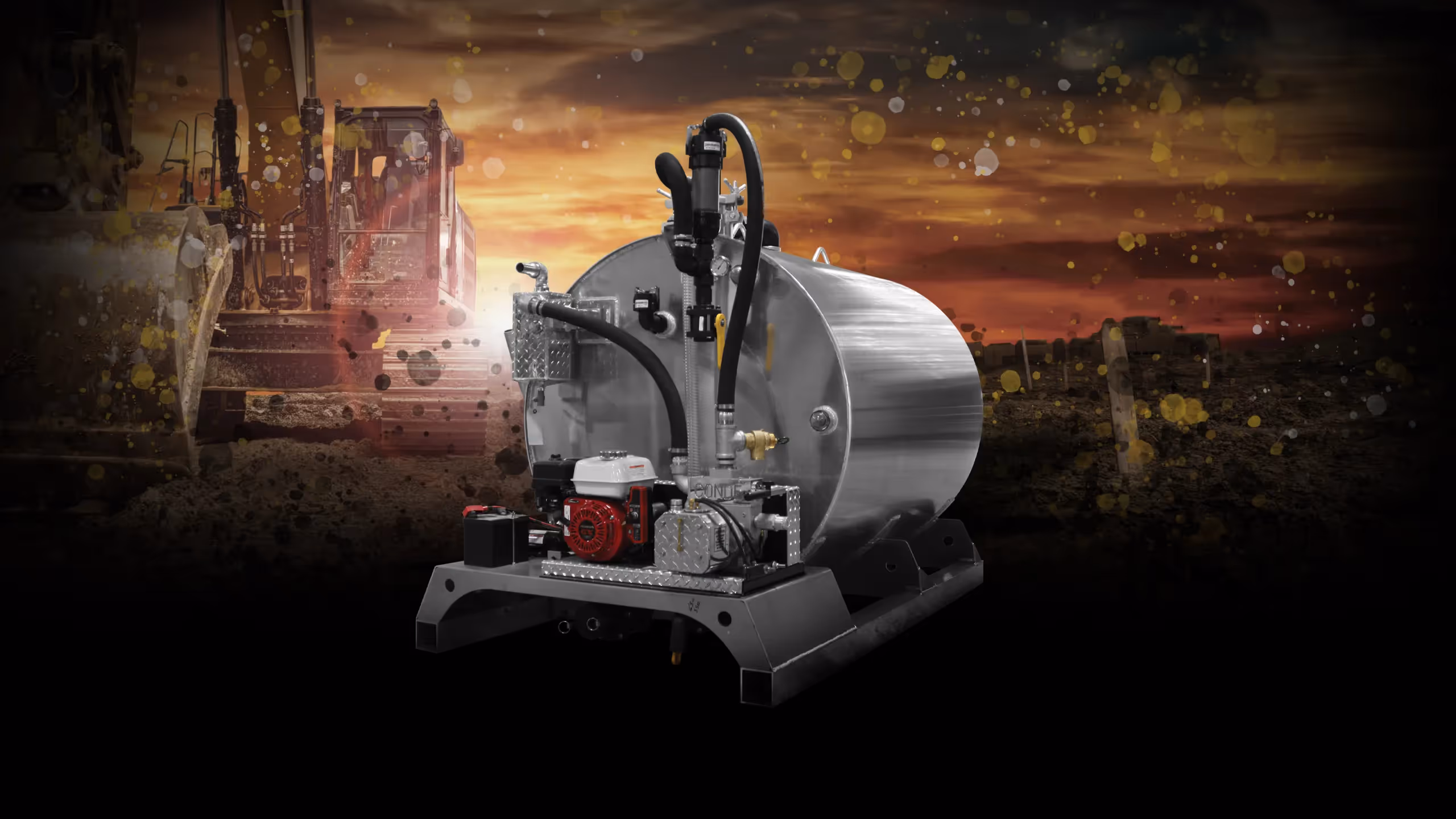 550 Slide-in fuel tank with pump, silver finish, on a black background with machinery backdrop.