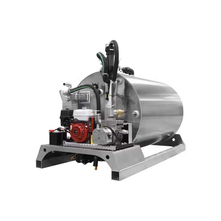 Stainless steel tank with attached engine and plumbing, mounted on a sturdy base.