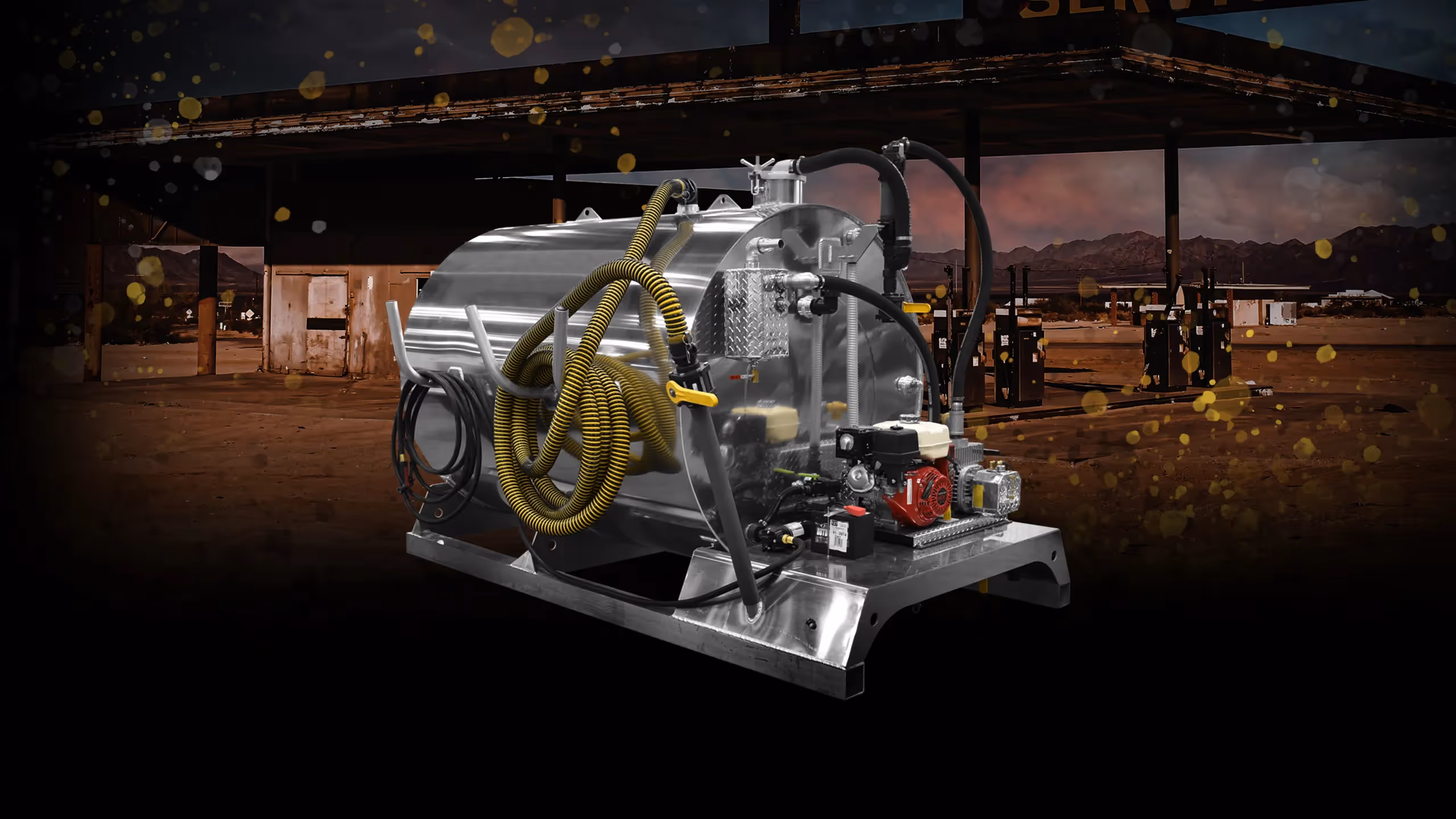 903 Slide-in tank, metallic design with pipes and hoses, set against a desert service station