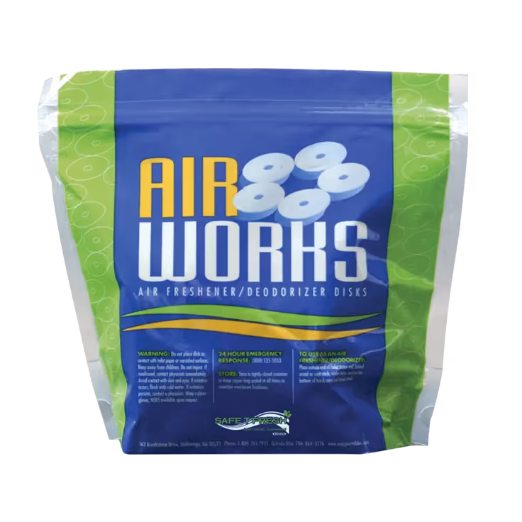 Green and blue packaging for "Air Works" air freshener/deodorizer disks.