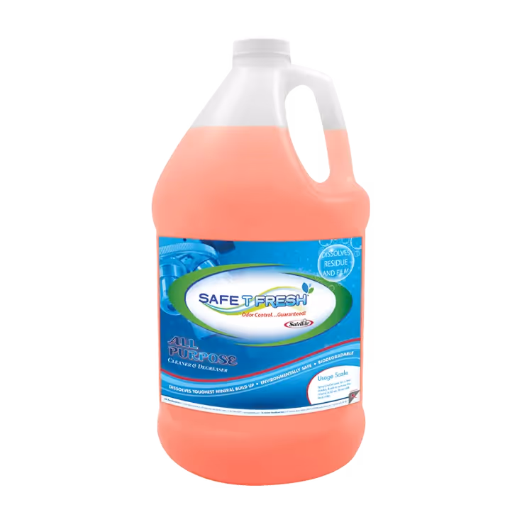 Large jug of Safe T Fresh all-purpose cleaner and degreaser with orange liquid inside.