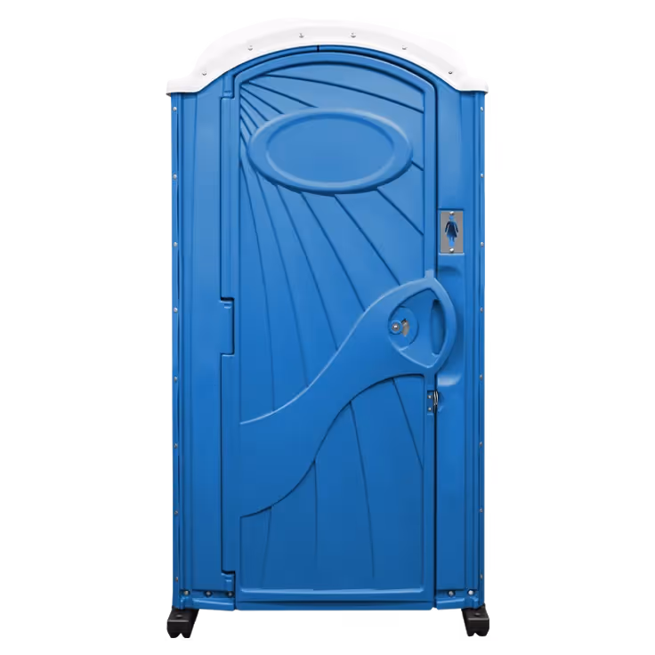 Blue portable outdoor restroom with a white domed roof and a women's bathroom sign