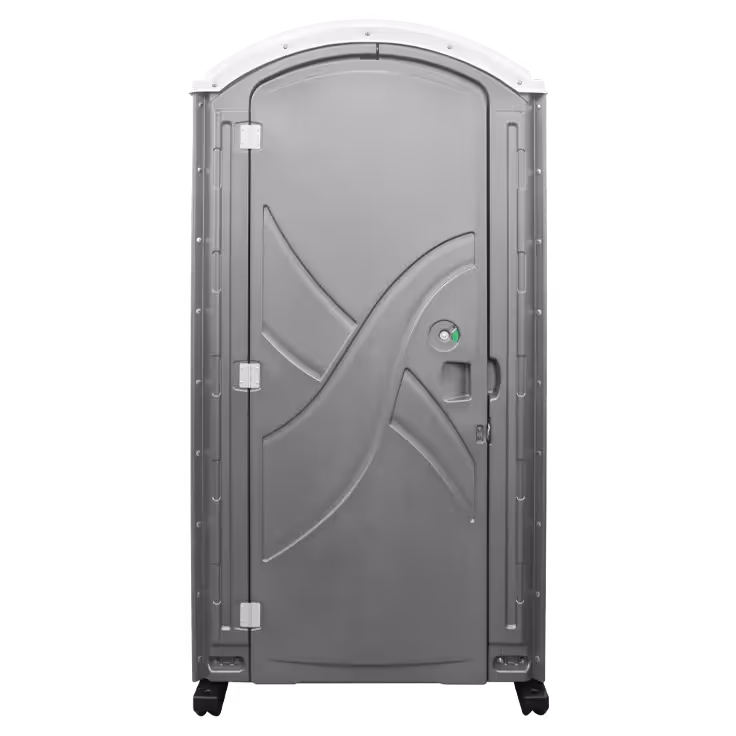 Gray portable toilet with a curved top and a side handle lock, placed on a black background.