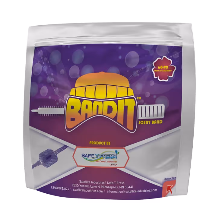 Packaging for Bandit Scent Band by Safe-T-Fresh, featuring a purple and yellow design.