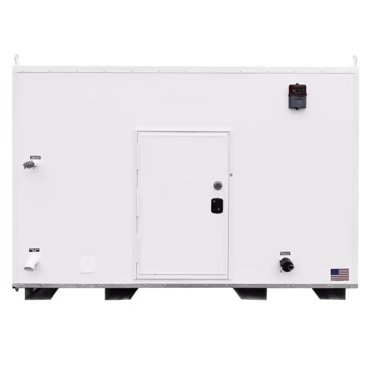 White brick pump house with a single door, ventilation, and American flag emblem.