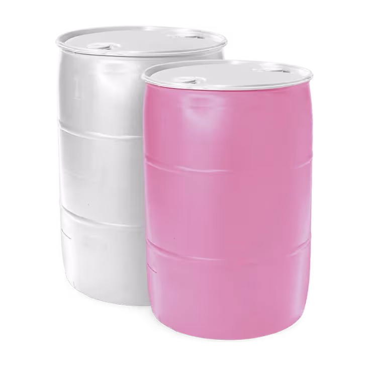Two cylindrical barrels, one white and one pink, with metal lids, used for bulk soap and sanitizer.
