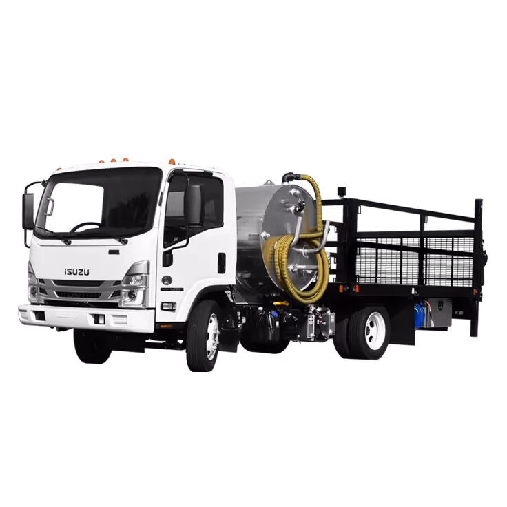 Isuzu cabover truck with a shiny tank and rear flatbed for product distribution.