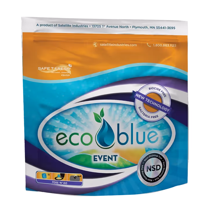 EcoBlue Event pet waste bags packaging with Safe T Fresh and NSD non-staining dye logos.