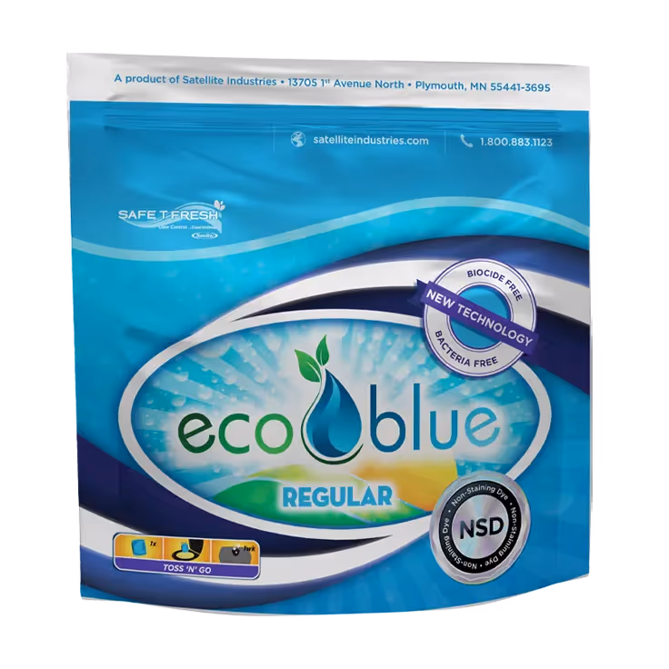 Eco Blue Regular laundry detergent package with biocide-free, bacteria-free new technology label.
