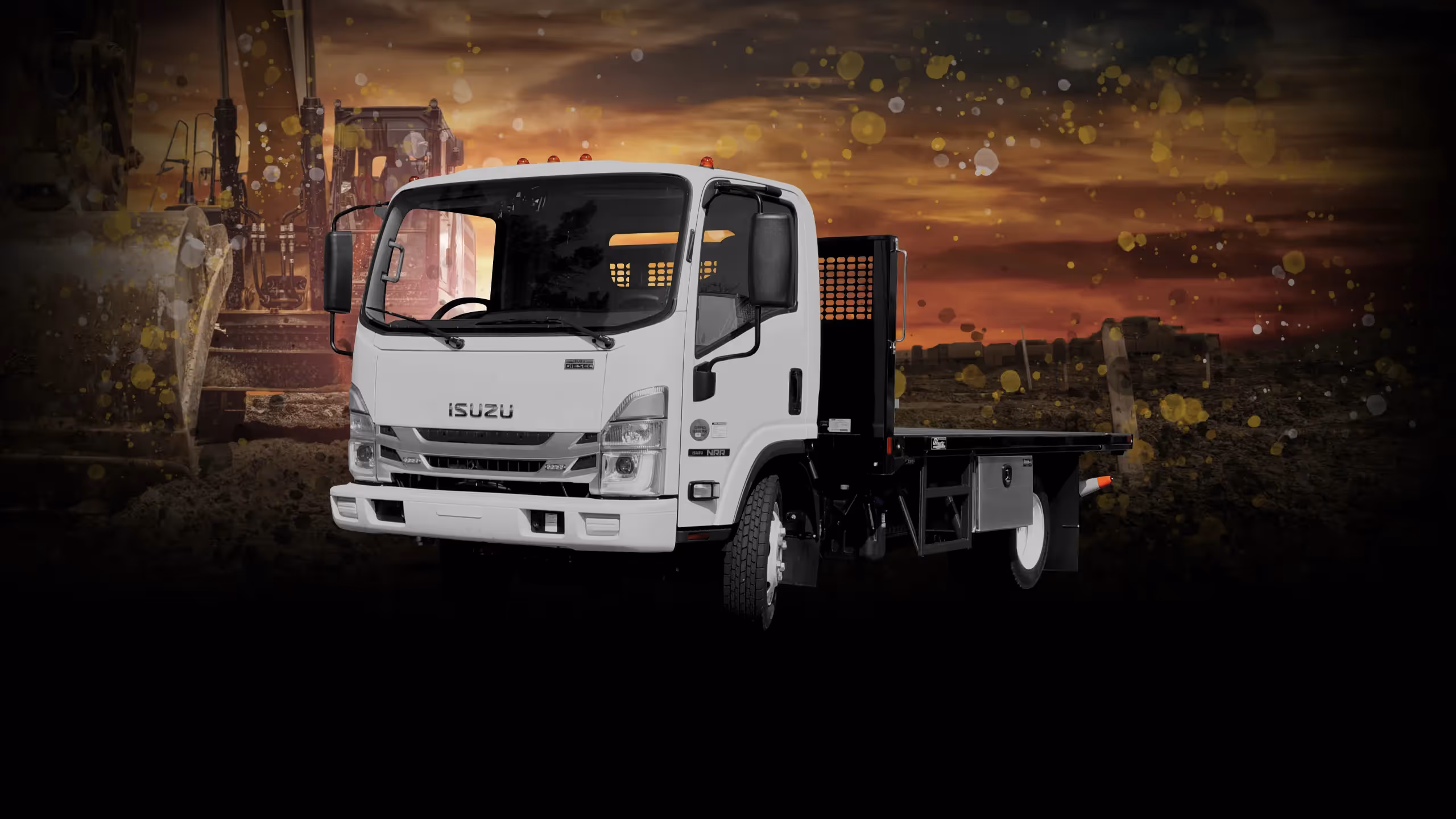 White Isuzu fence truck on a textured background with construction machinery silhouettes.
