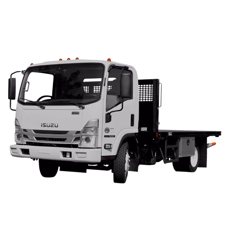 Isuzu fence truck with a flatbed design, featuring dual headlights and orange roof lights.