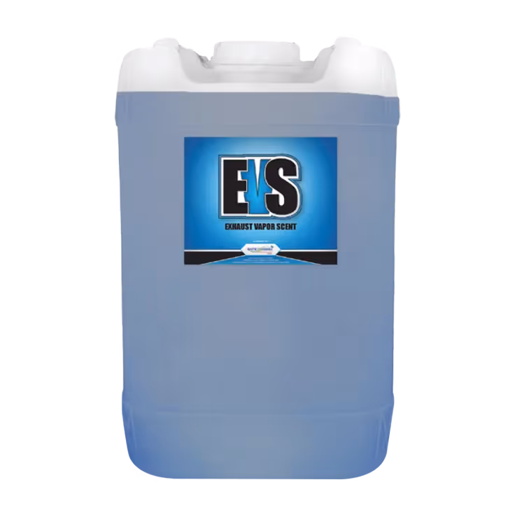 A blue container with a white cap labeled "Exhaust Vapor Scent."