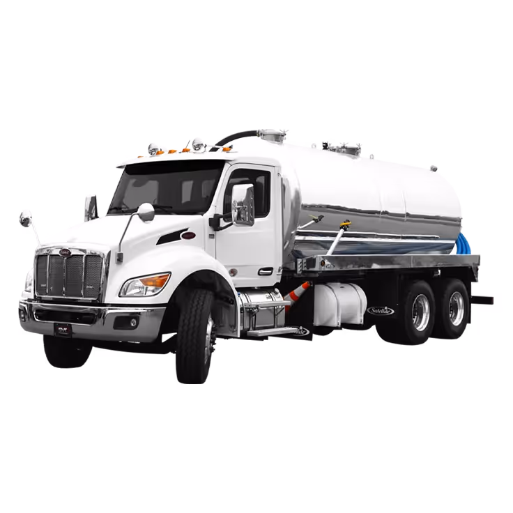White tanker truck with a shiny, silver tank and blue hoses attached to the rear.