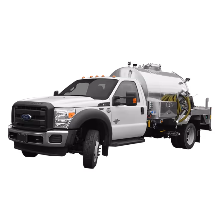 White truck with a silver tank on the back, used for transporting liquids.