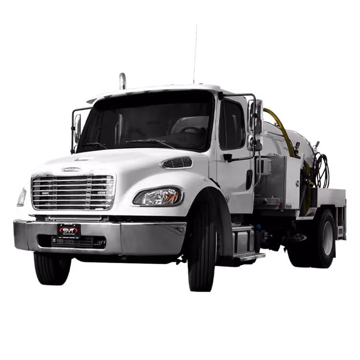 White truck with a large tank in the back, showcasing a sleek design against a dark background.