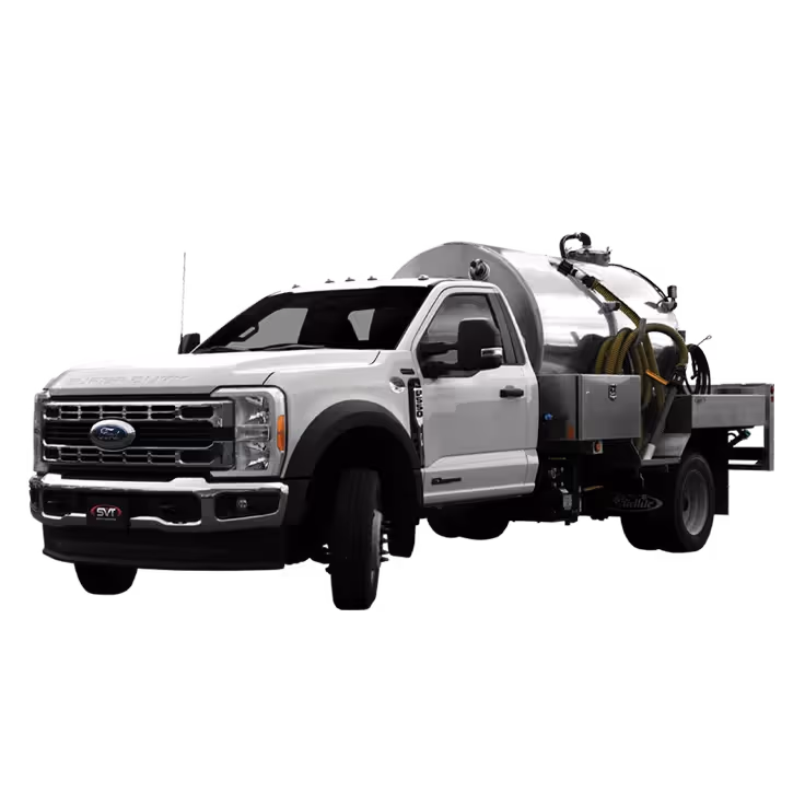 White Ford truck equipped with a large metal tank and hoses for industrial use.