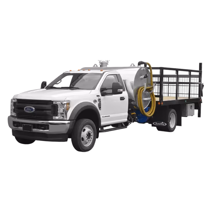 White Ford utility truck with a large cylindrical tank and yellow hoses mounted on a flatbed.
