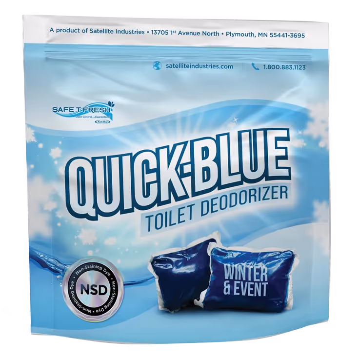 Quick Blue toilet deodorizer blue packet with Winter & Event scent and non-staining dye label.