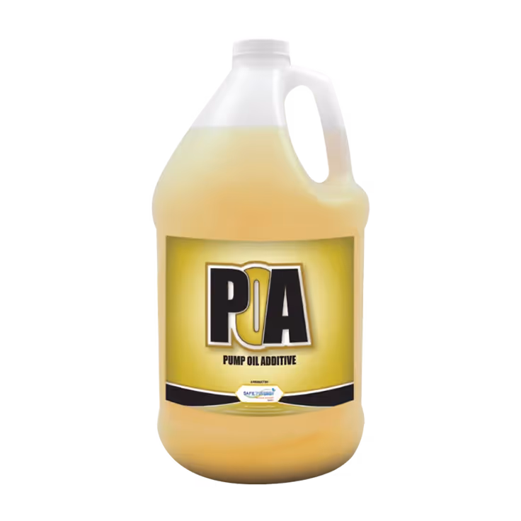 Plastic gallon container of Pump Oil Additive with a yellow label featuring the letters "P.O.A."