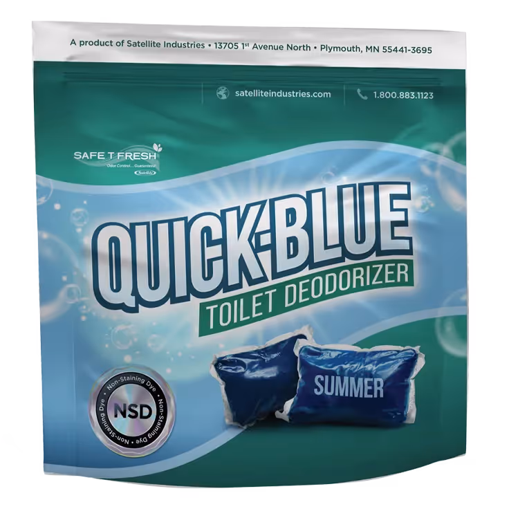 Quick-Blue Summer toilet deodorizer blue gel pods with Safe T Fresh odor control.