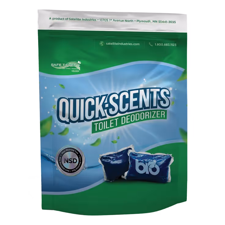 Quick-Scents toilet deodorizer packet packaging with green and blue colors and NSD label.