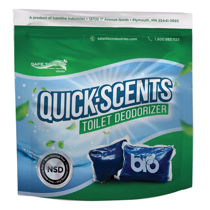 QuickScents toilet deodorizer packaging in green and blue, featuring product details and graphics.