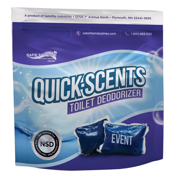 Quick Scents toilet deodorizer blue packet with Safe T Fresh odor control, non-staining dye logo.