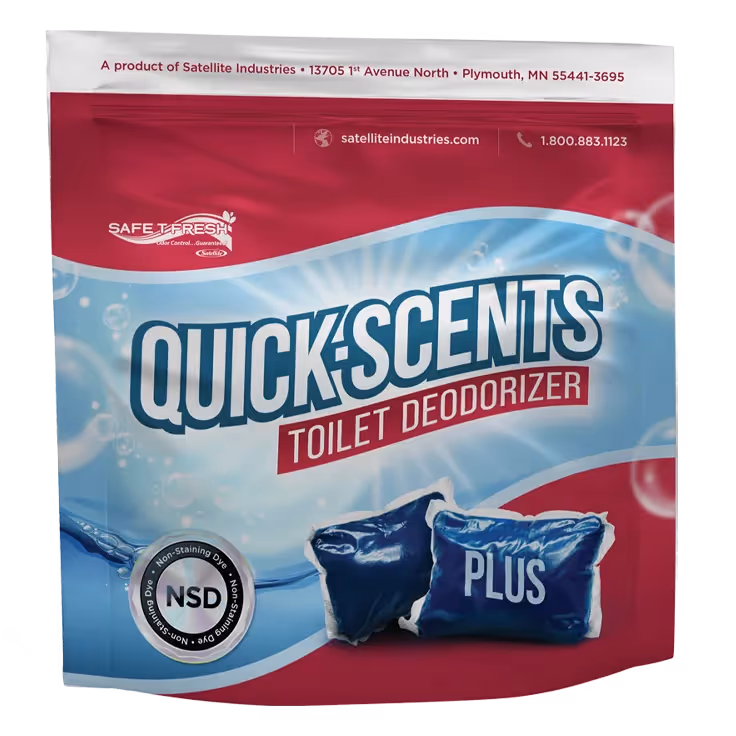Quick-Scents Plus toilet deodorizer package in blue and red, featuring the product name prominently.