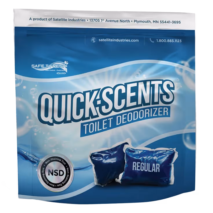 Blue package of Quick-Scents Toilet Deodorizer, featuring "Regular" and NSD branding.