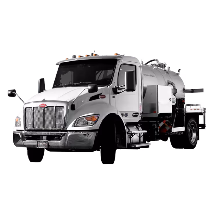 White vacuum truck with a silver tank, side compartments, and chrome accents on a black background.