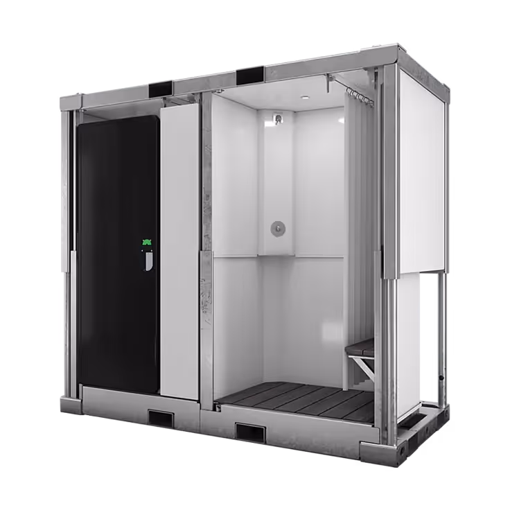 Modular shower unit with a sleek design, featuring a shower area and a small changing section.