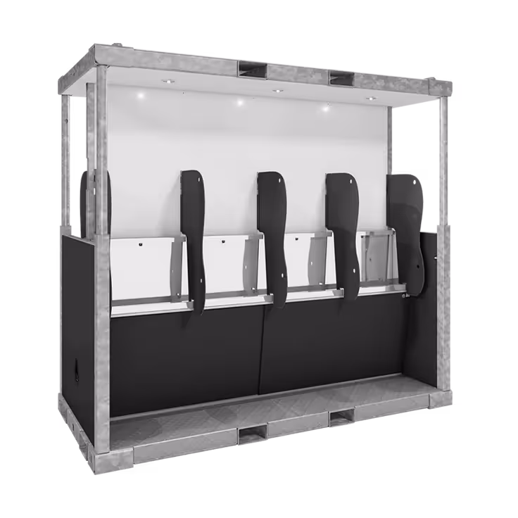 Sanitrax Urinal Module with multiple urinals enclosed in a prefabricated structure.
