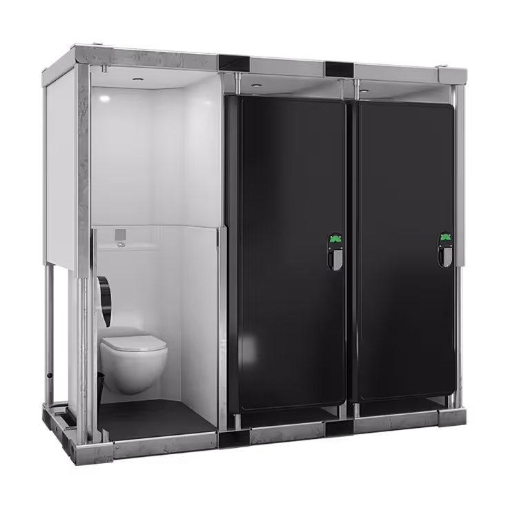 Portable toilet module with one toilet stall and two privacy stalls, sleek black and white design.