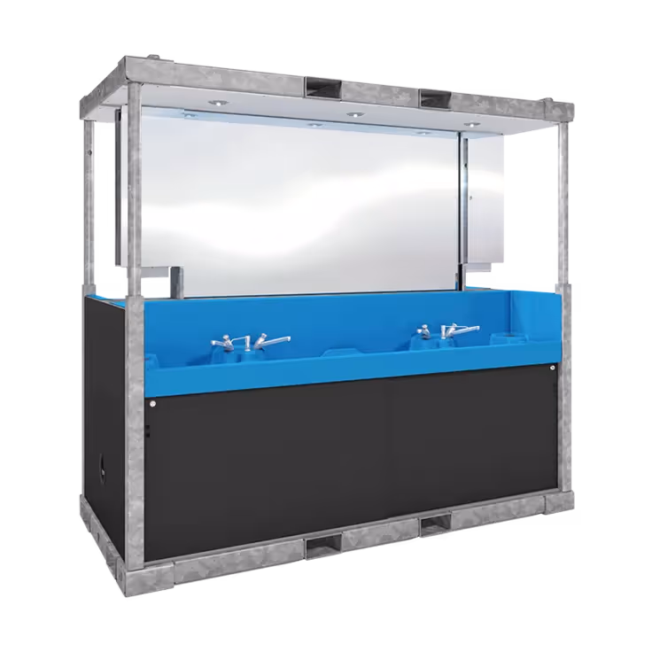 Sanitrax Washbasin Module with blue basin and stainless steel faucet in a metal frame.