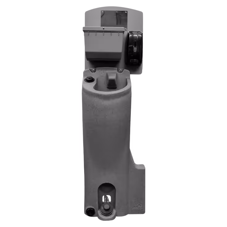 Pro-12 portable restroom unit featuring a built-in toilet and hand sanitizer dispenser.