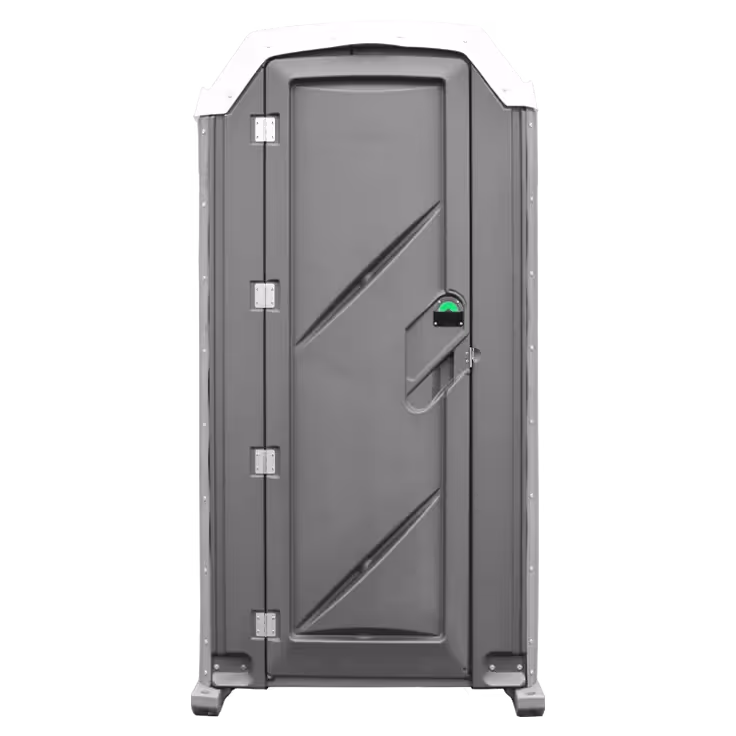 Gray portable restroom with a sloped top and a green lock indicator.